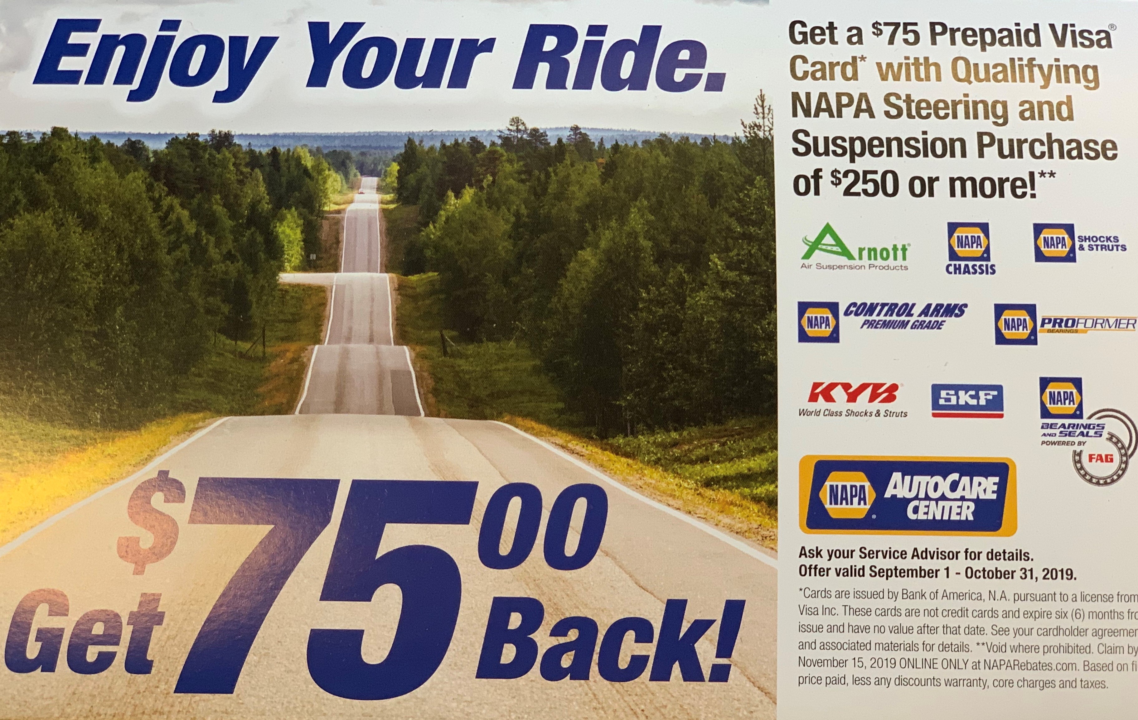 NAPA REBATE: Get $75 Prepaid Visa Card w/ Qualifying NAPA Steering and Suspension Purchase Of $250+