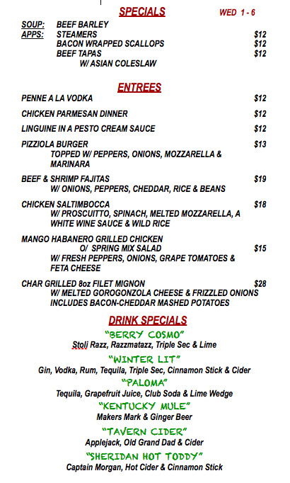 WEDNESDAY JANUARY 6th SPECIALS