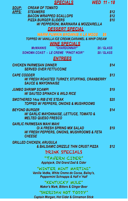 WEDNESDAY NOVEMBER 18th SPECIALS