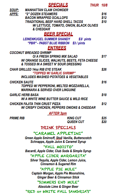 THURSDAY OCTOBER 8th SPECIALS