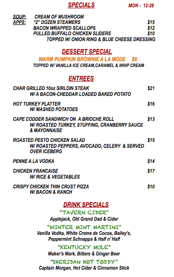 MONDAY DECEMBER 28th SPECIALS