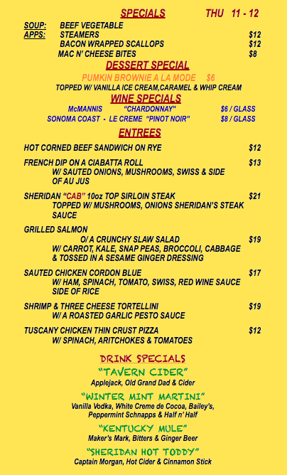 THURSDAY NOVEMBER 12th SPECIALS