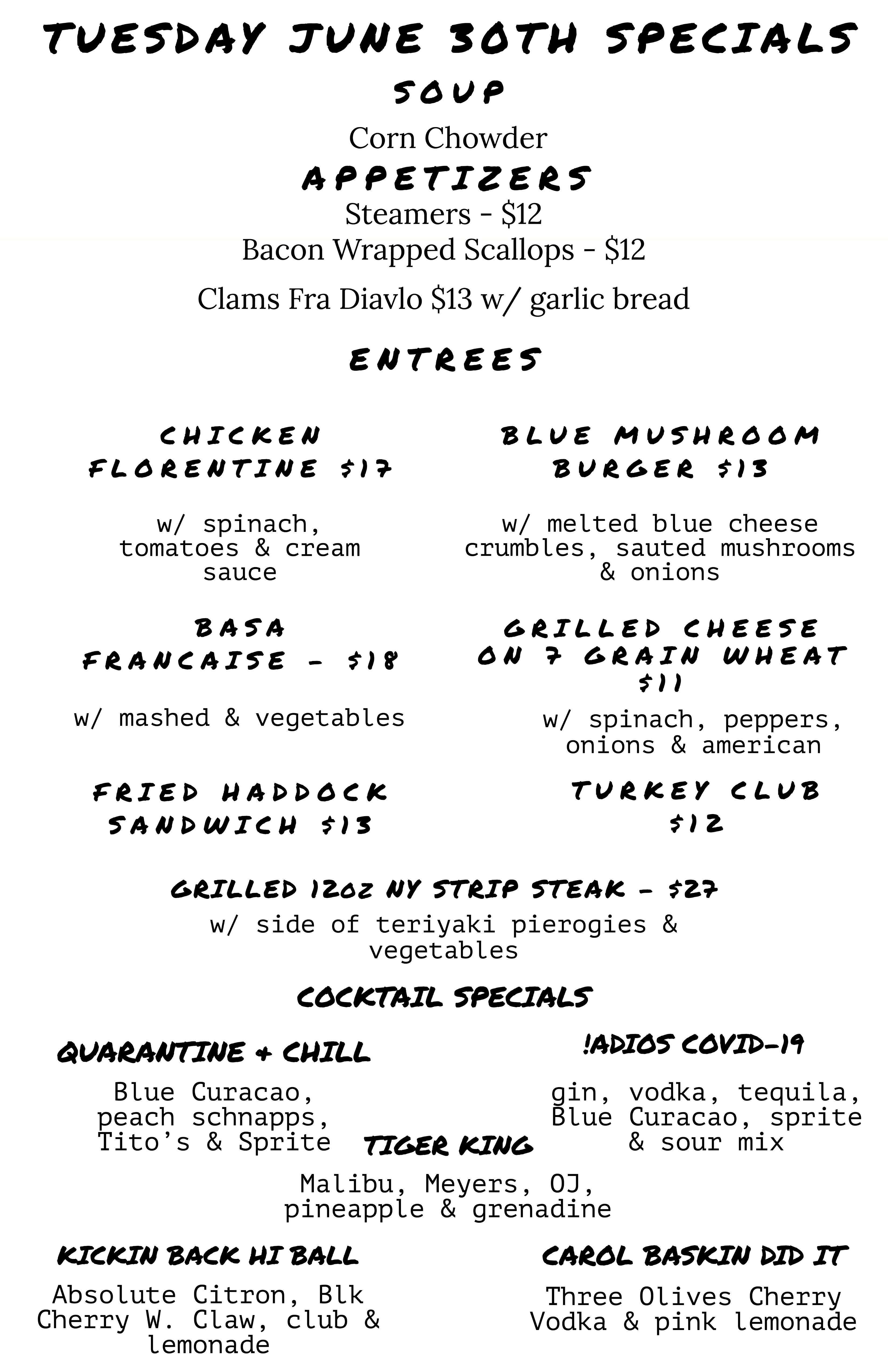 Tuesday June 30th Specials