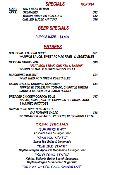 MONDAY SEPTEMBER 14th SPECIALS