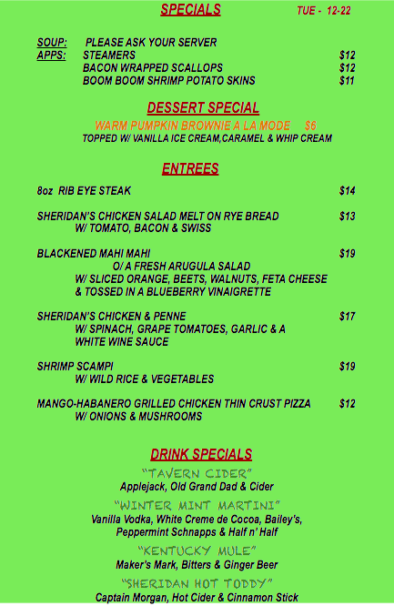 TUESDAY DECEMBER 22nd SPECIALS
