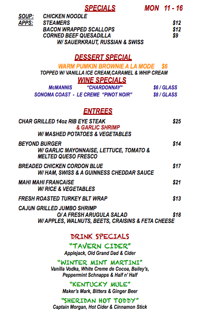 MONDAY NOVEMBER 16th SPECIALS