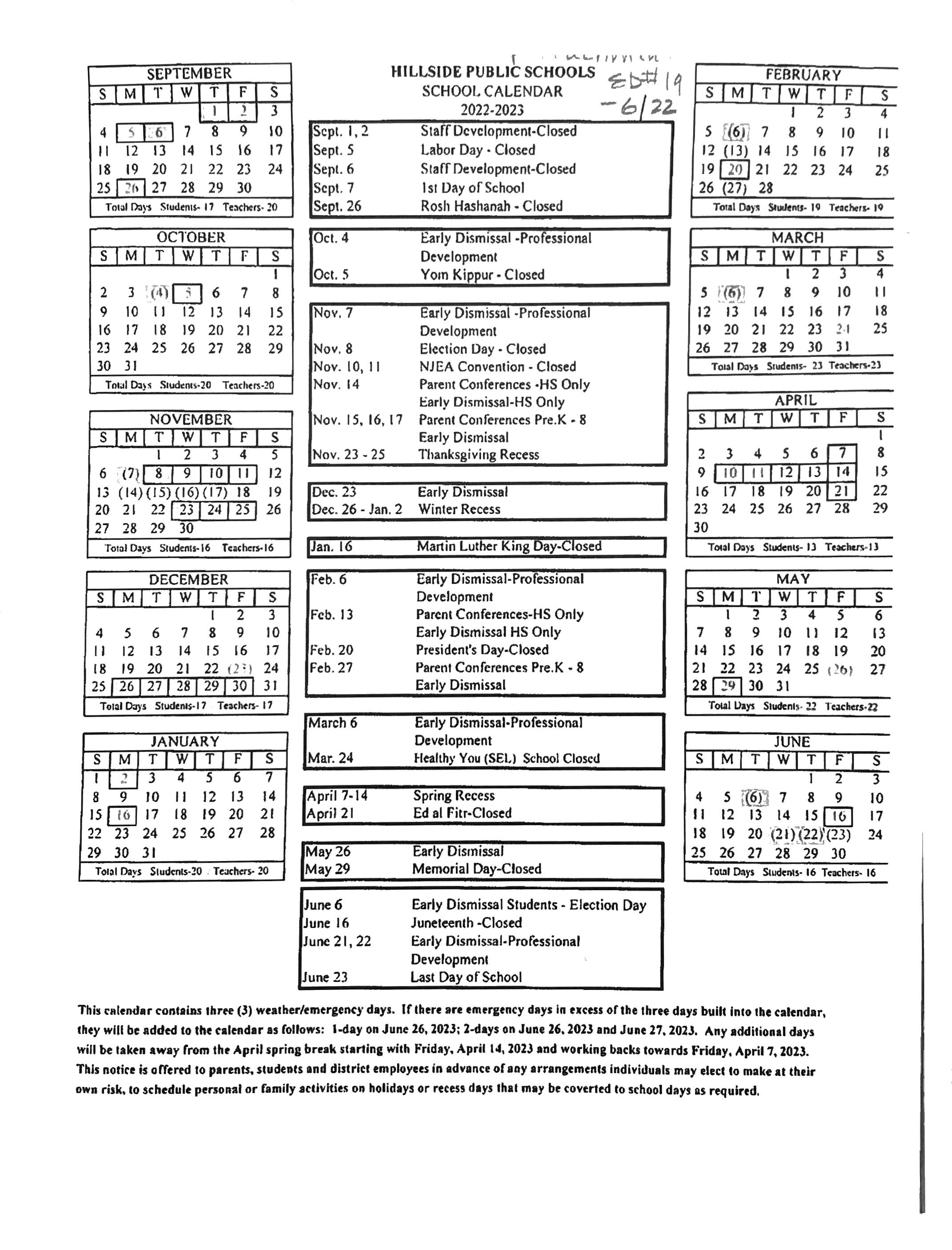 2022/2023 Student Calendar | Hillside High School